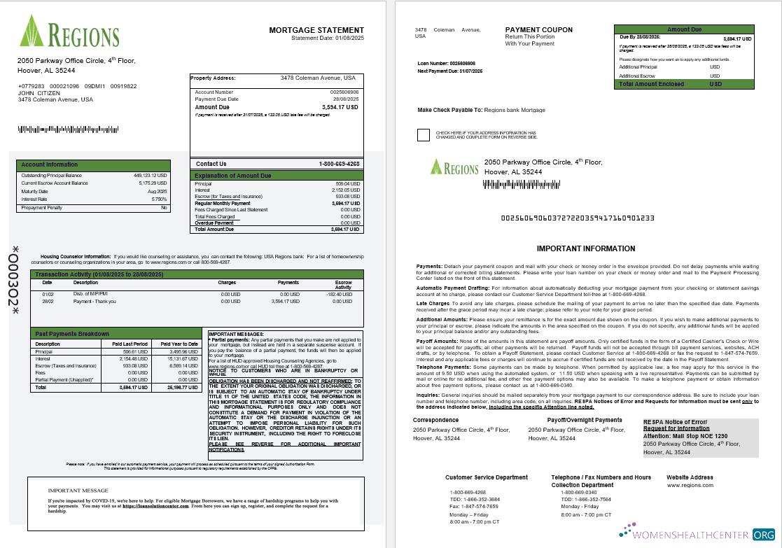Download USA Regions bank mortgage statement in Word and PDF formats 1 2 Photoshop template